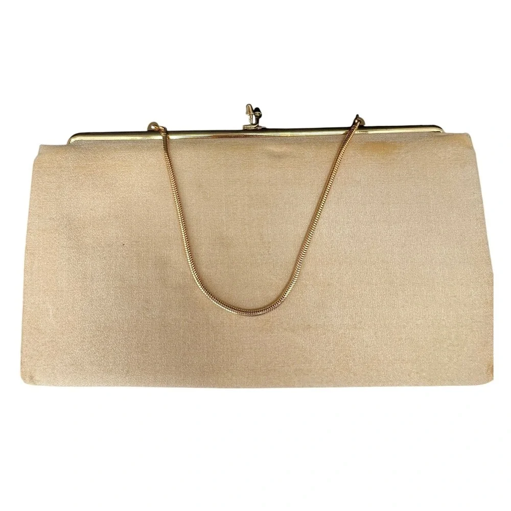 Vintage Style Clutch Champagne Satin Evening Bag Gold Chain Large